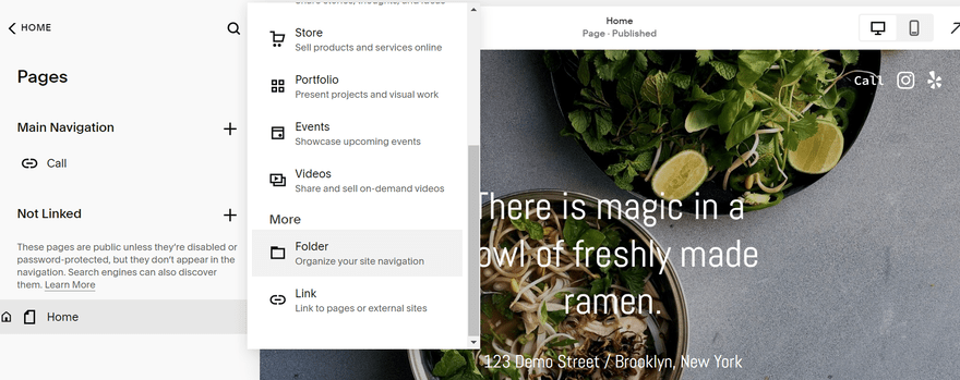 Squarespace menu with the "Folder" highlighted in the menu.
