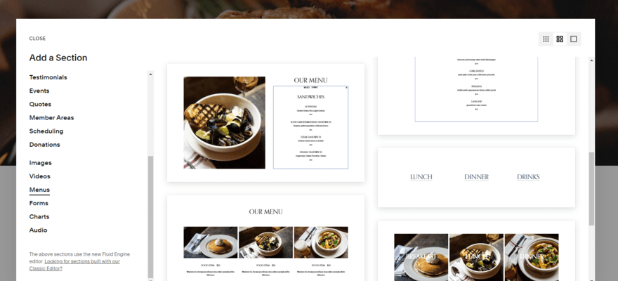 Library of Squarespace website elements, specifically showing menu designs