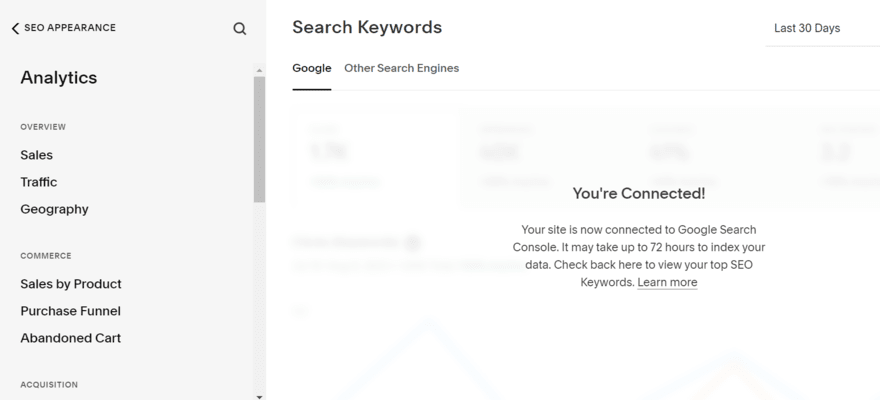 Squarespace search keywords dashboard
