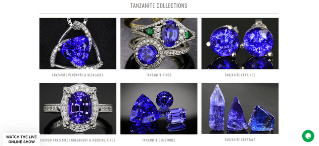 Tanzanite Jewelry homepage featuring its product collections
