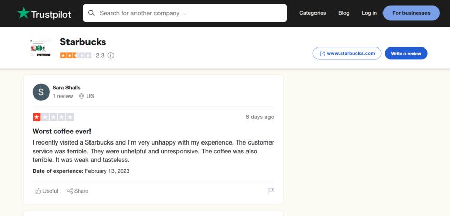 Starbucks' Trustpilot page featuring a bad customer review