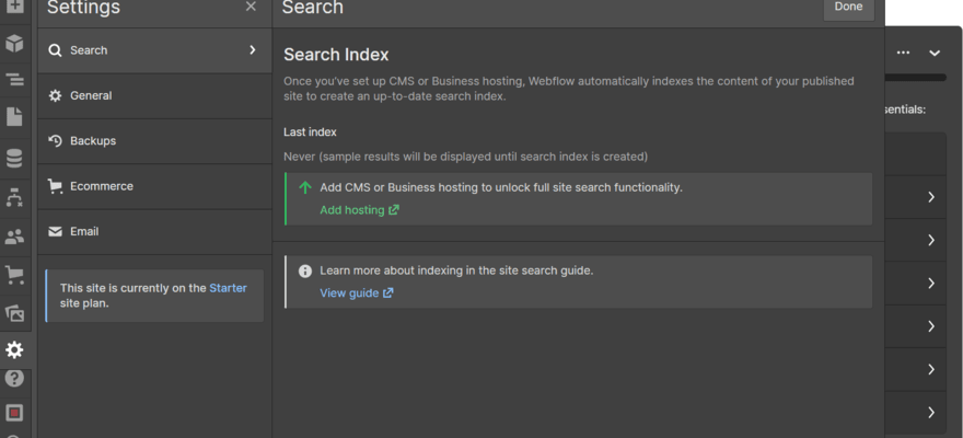 Webflow's search index settings in the editor