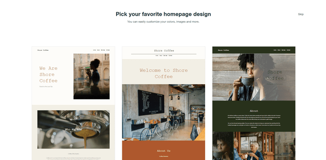 Wix ADI Homepage Options featuring three different homepages ranging from light to dark, each with images relating to their topic