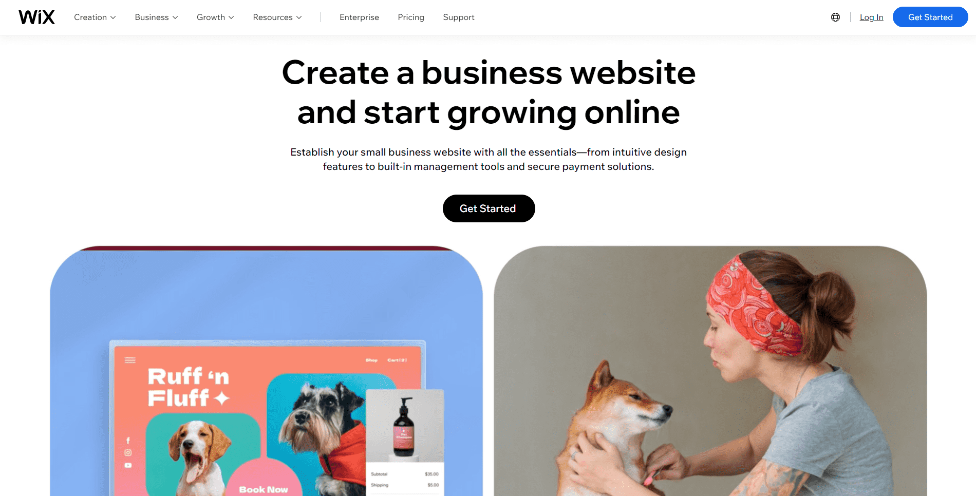 Wix "create a business website" page with example dog grooming images