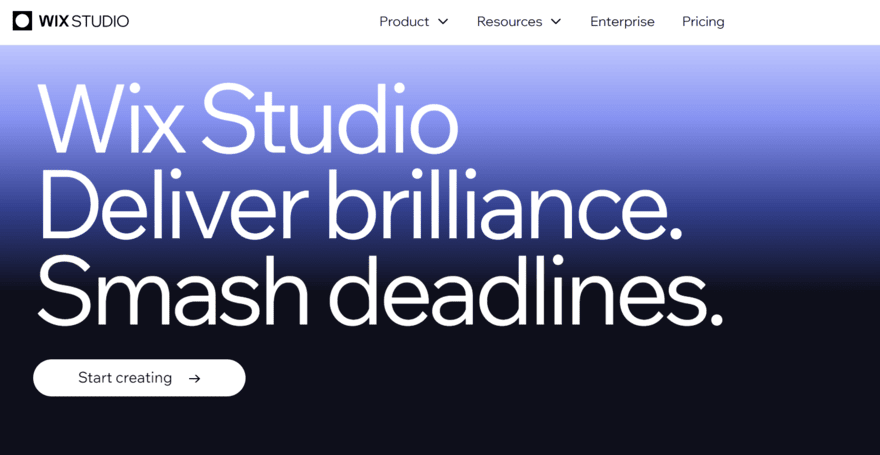 Wix Studio homepage with a button inviting users to "start creating"