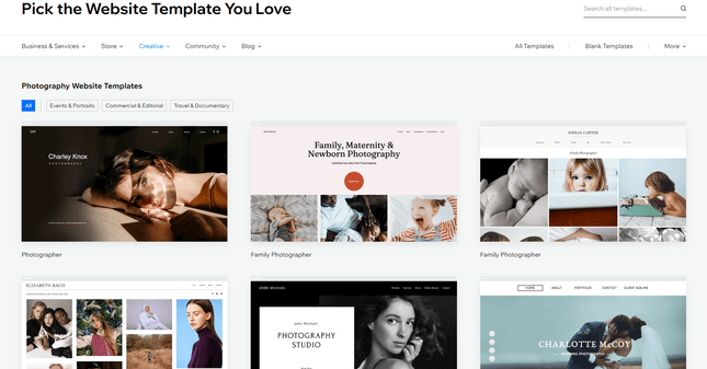 Selection of photography templates in Wix's website template catalog