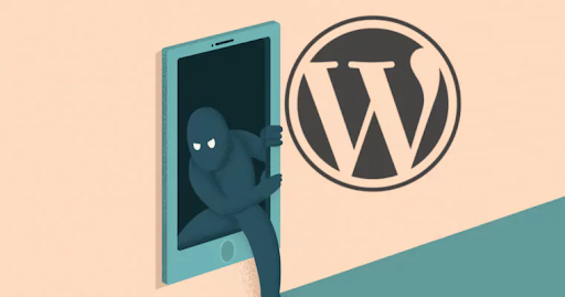 A creepy illustrated man steps out form inside a phone next to the WordPress logo